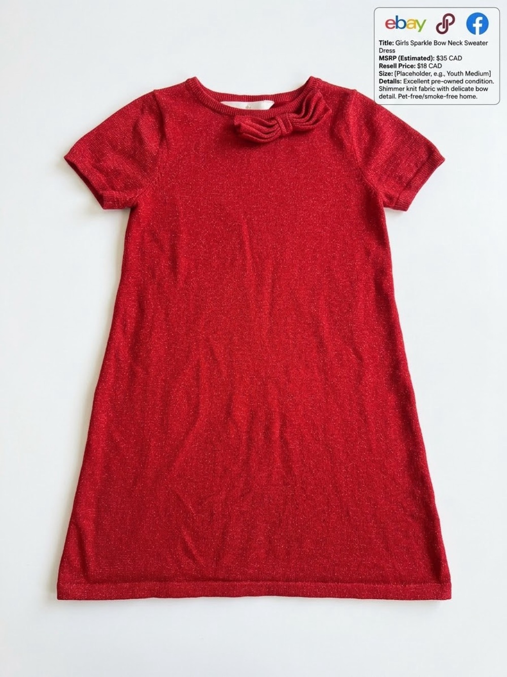 H&M Girls Red Sparkle Bow Neck Short Sleeve Dress
